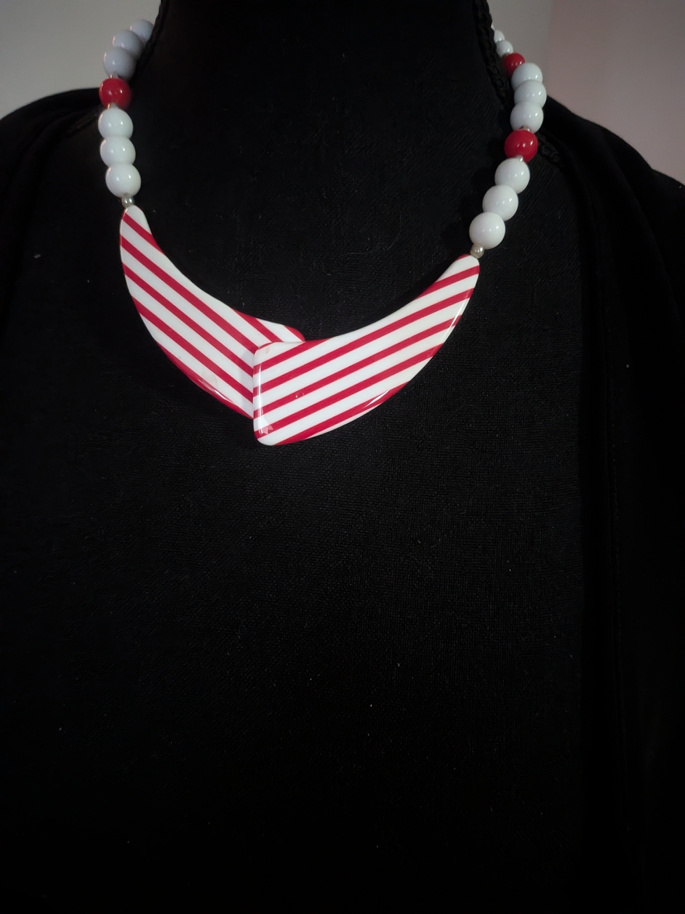 Vintage 1980s Red & White Striped Bib Statement Necklace